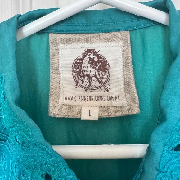 💥💥SALE!!💥💥 Rare Chasing unicorns November Nights Teal Silk and Satin shirtdress